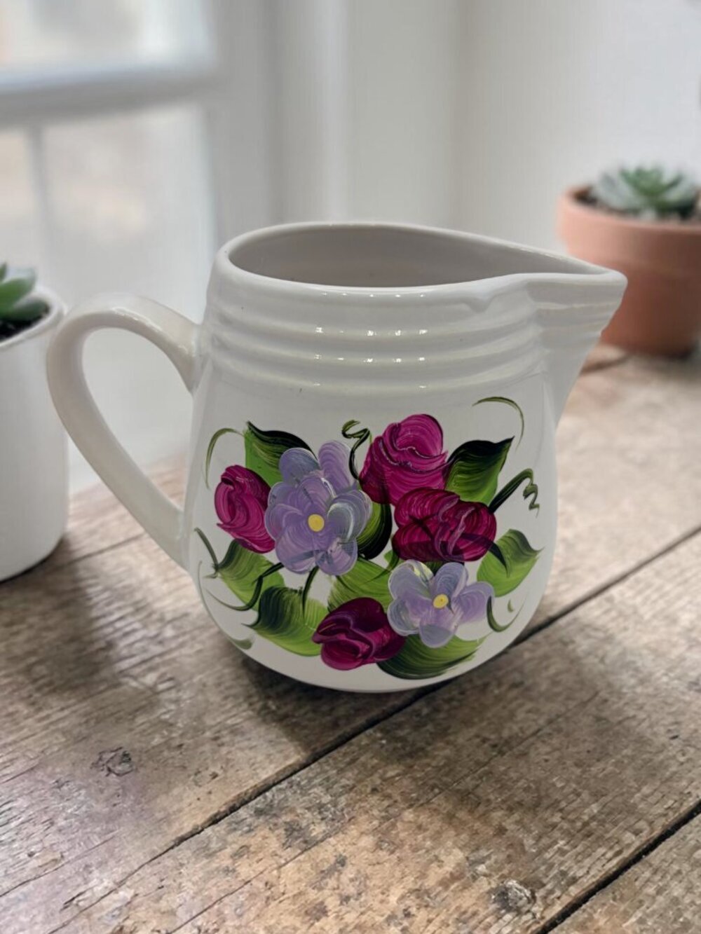 Vintage Hand Painted Floral Ceramic Creamer Pitcher Pink Purple Flowers Cottage